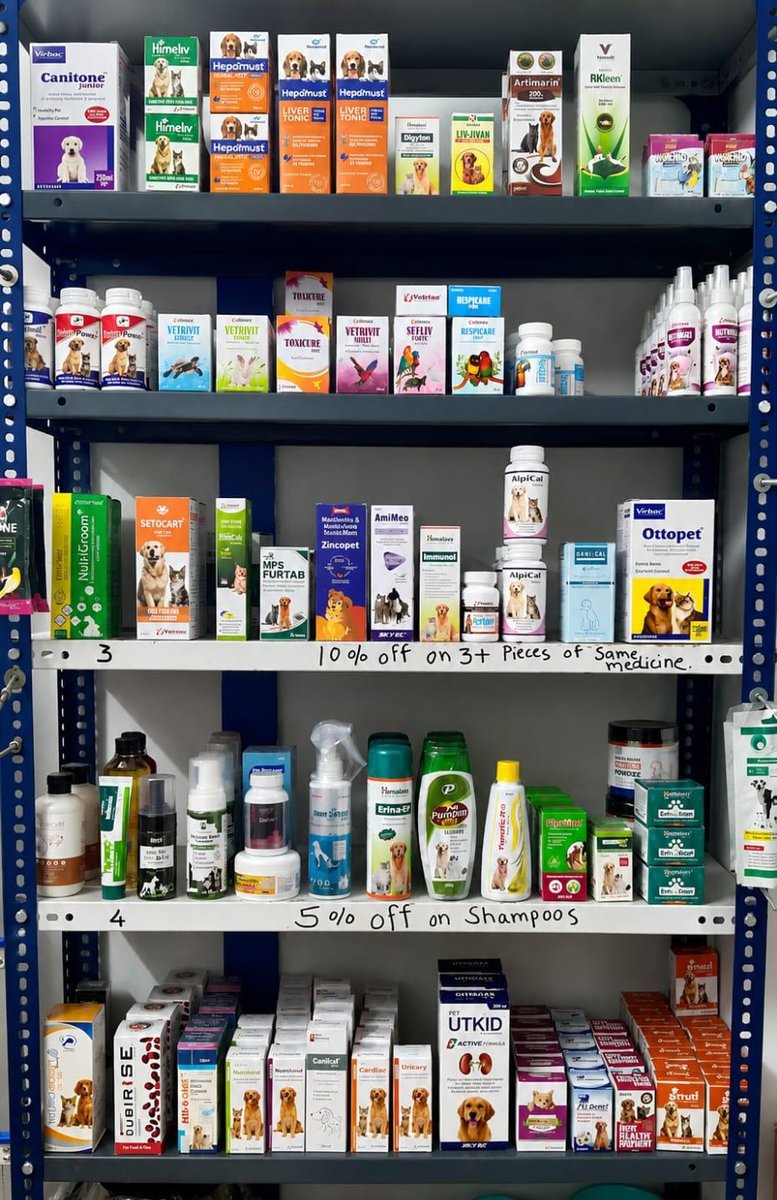 In-house veterinary pharmacy stocked with pet medicines at Shivraj Pet Clinic